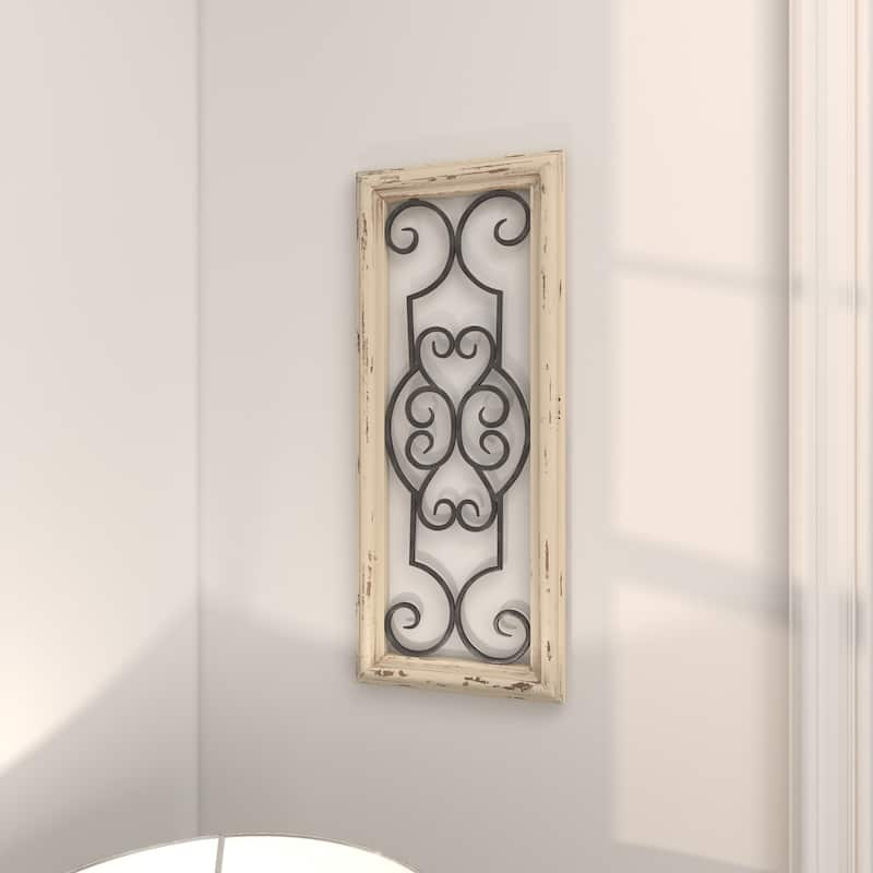 White Wood Small Panel Scroll Home Wall Decor with Black Metal Scrollwork