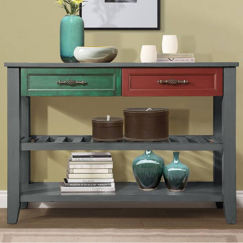Console Sofa Table with 2 Storage Drawers and 2 Tiers Shelves, Mid-Century Style 42" Solid Wood Buffet Sideboard