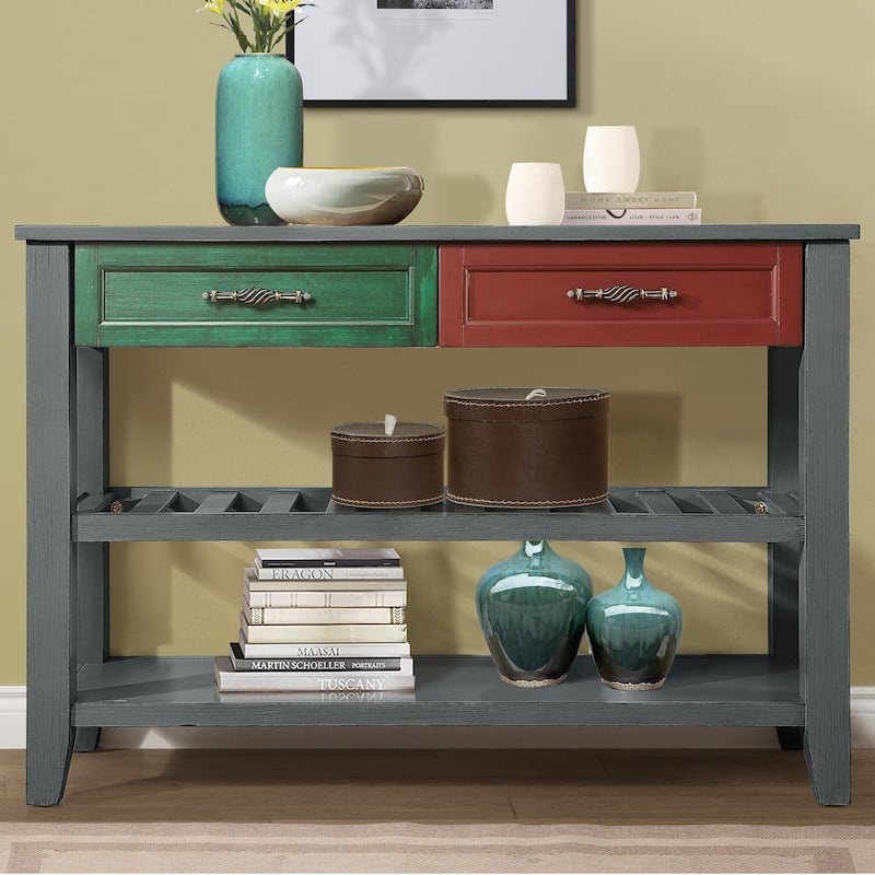Console Sofa Table with 2 Storage Drawers and 2 Tiers Shelves, Mid-Century Style 42'' Solid Wood Buffet Sideboard
