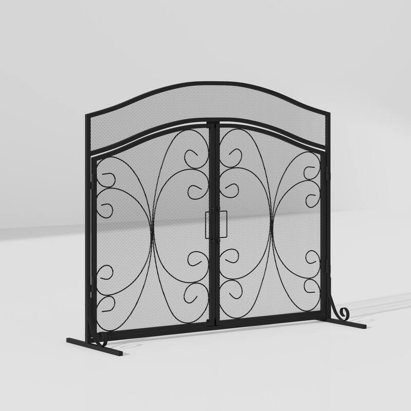 Classic Black Wrought Iron Fireplace Screen with Arched Double Doors, Decorative Mesh Fire Guard for Indoor Home Hearth Safety