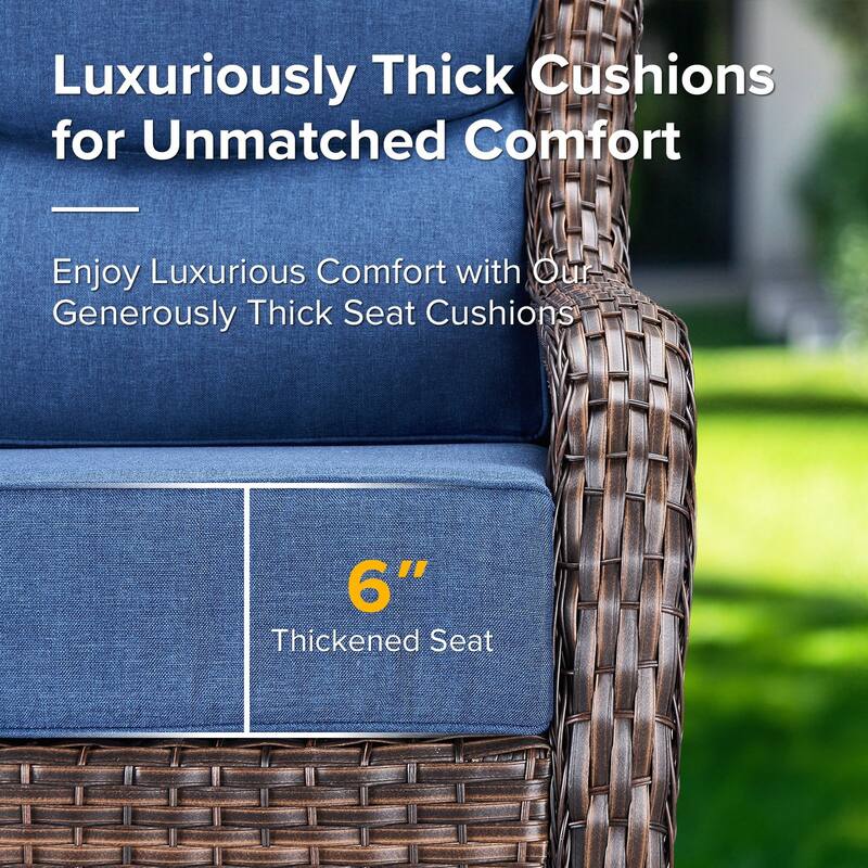 Gymojoy 7-Piece Wicker Patio Furniture Sofa Set with Fire Pit Table, 6-Inch Thick Cushion Swivel Glider Chairs & Ottomans