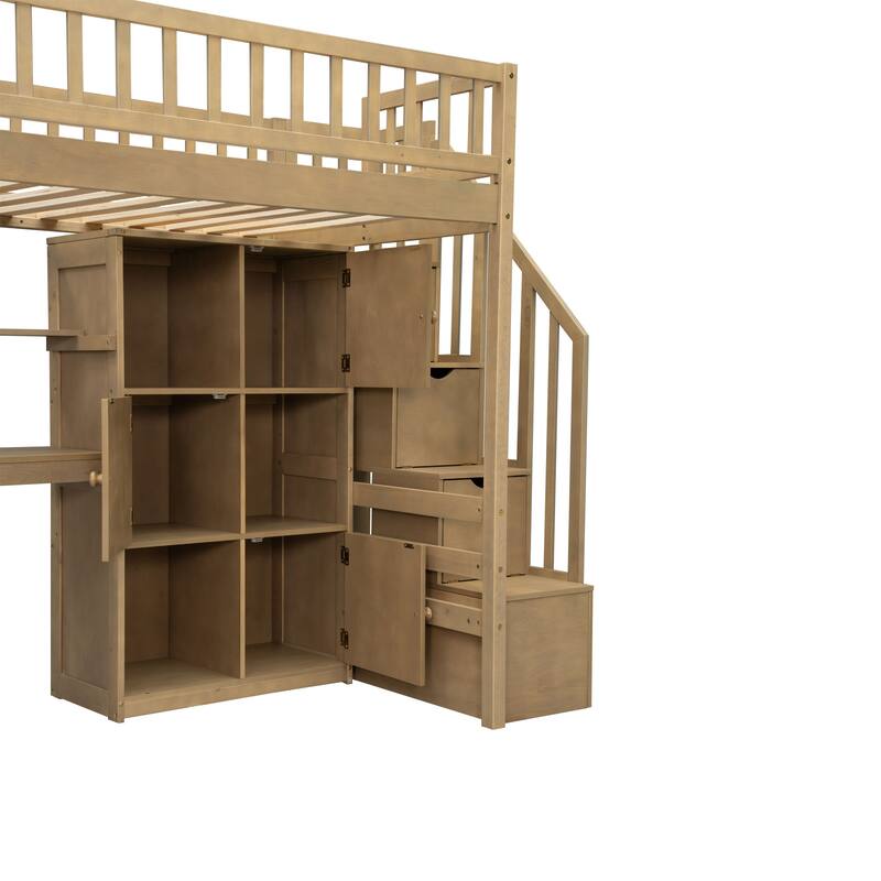 Twin Size Loft Bed with Built-in Desk, LED Lights, Storage Shelves, Cabinets & Staircase