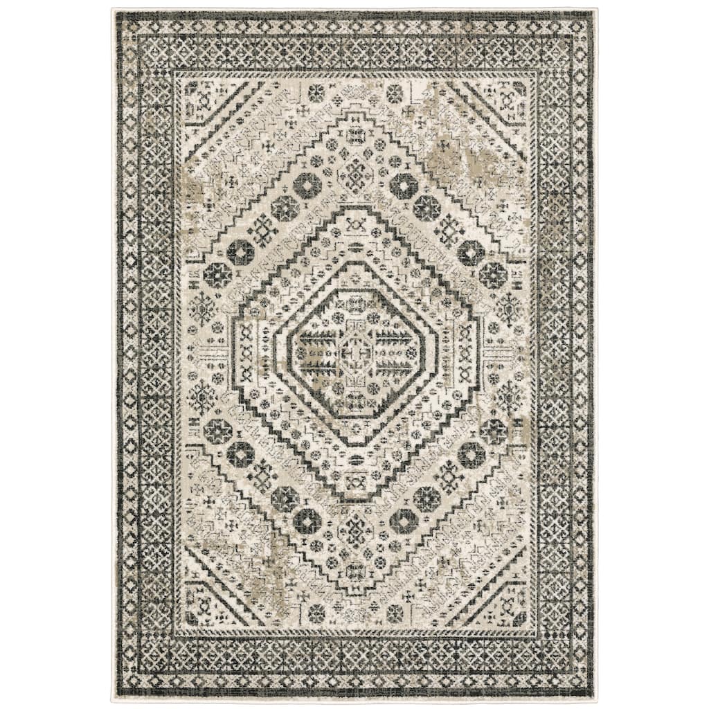 Drancy Ivory Grey Oriental Medallion Traditional Casual Area Rug