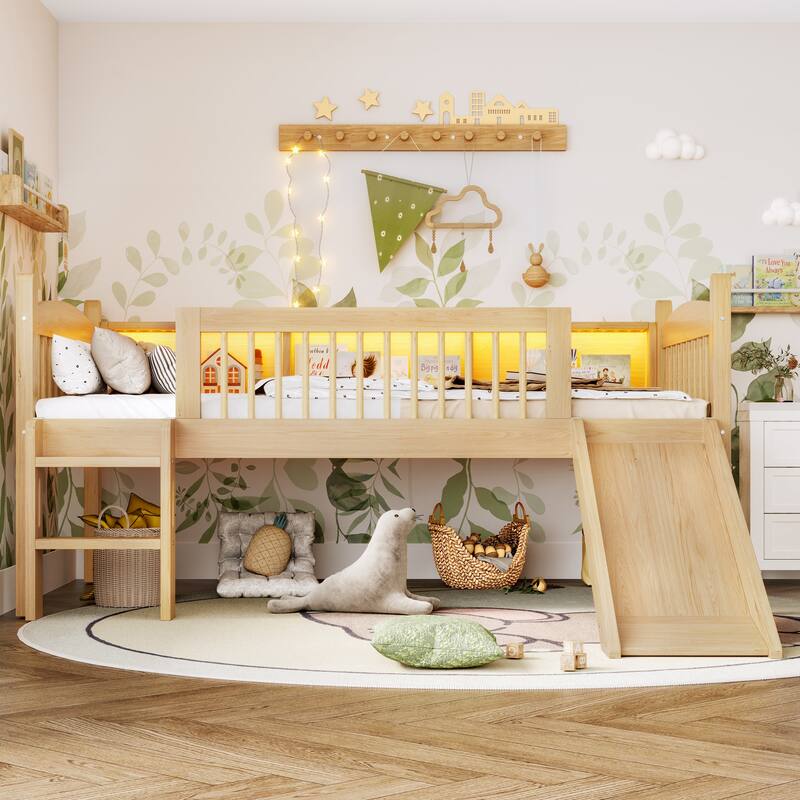 Roomfitters Twin XL Low Loft Bed with Storage Shelves and LED Lights, Solid Wood Frame