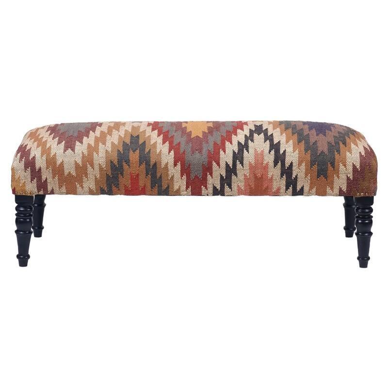 Handmade Kilim Upholstered Wooden Bench (India) - 48" W x 16" L x 18" H