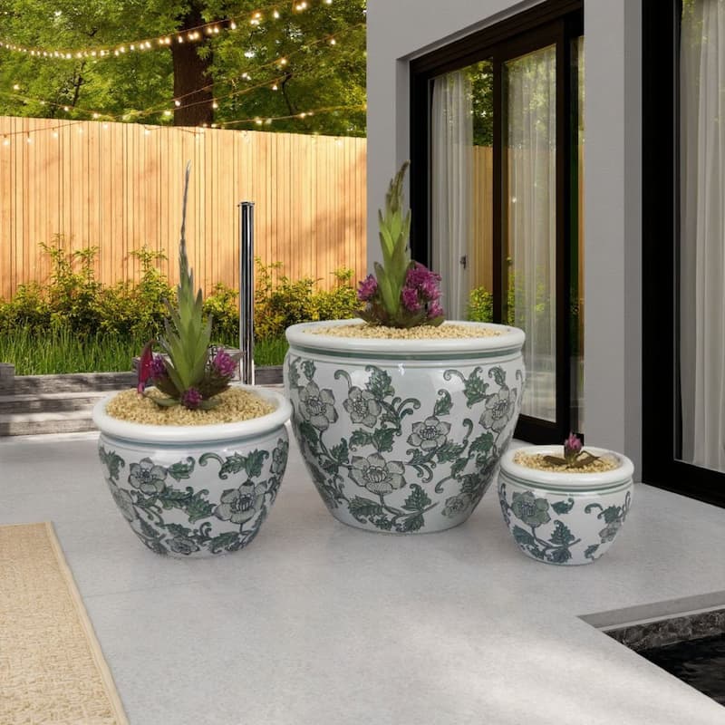 Hely 3 Planter Set, Green Vine Pattern Gray Ceramic 20, 14, 10 Inch