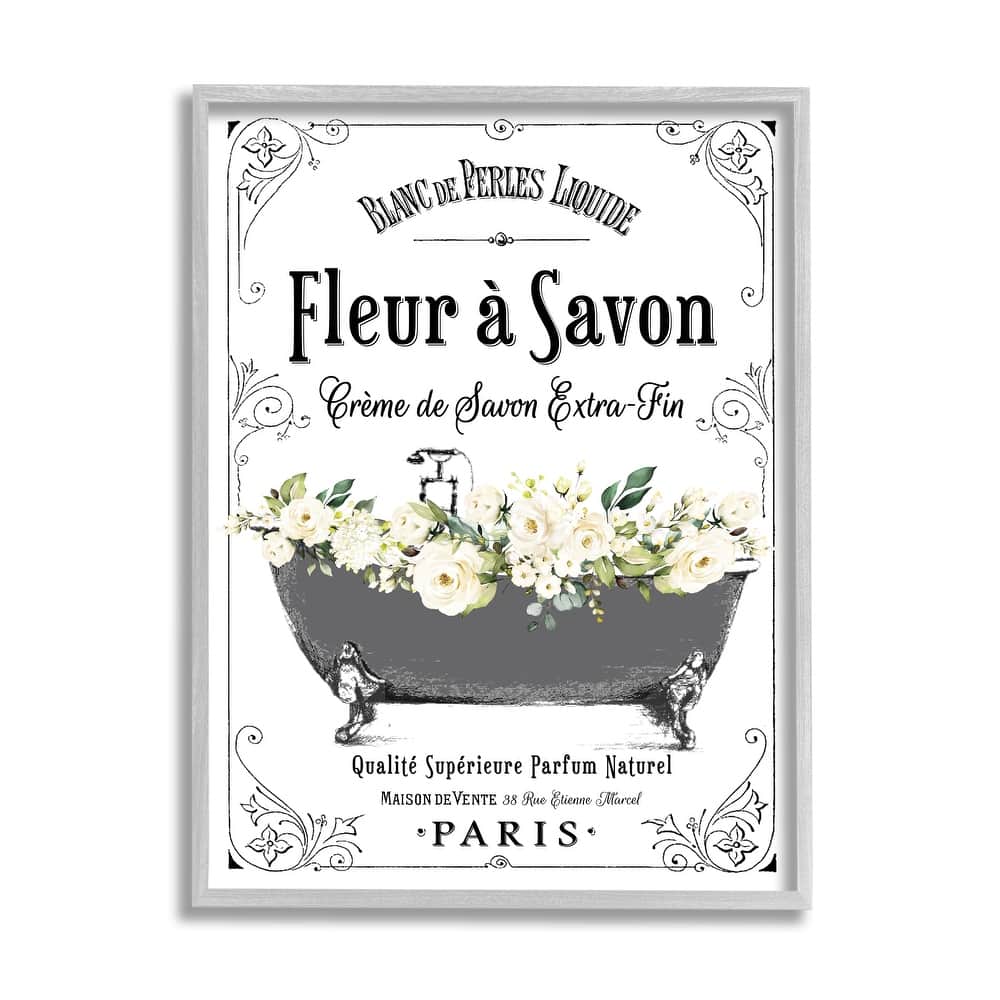 Stupell Fleur a Savon Vintage Parisian Bathroom Floral Tub Framed Wall Art - White
