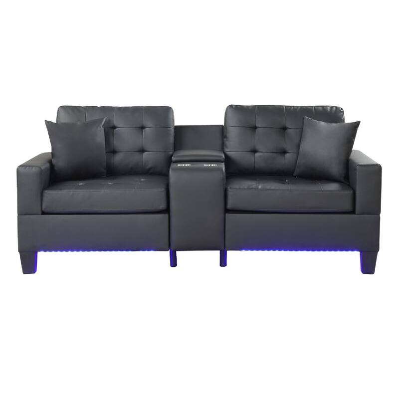 Iris Sofa with LED, USB Ports, Cupholders, Black Faux Leather 85 Inch