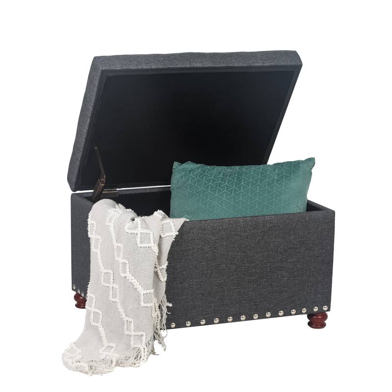 Adeco Storage Ottoman Tufted Linen Wood Bench with Nails