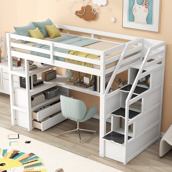 slide 2 of 32, Pine Wood Twin Loft Bed with Desk, Storage Stairs & Drawers White