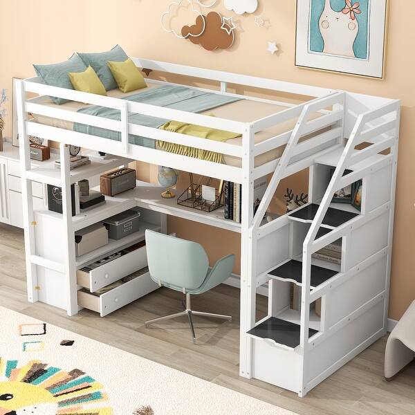 slide 2 of 13, Twin Size White Wood Loft Bed w/ Desk Storage Bed & Shelves, Built-in Drawers Platform Bed & Storage Staircase Upholstered Bed White