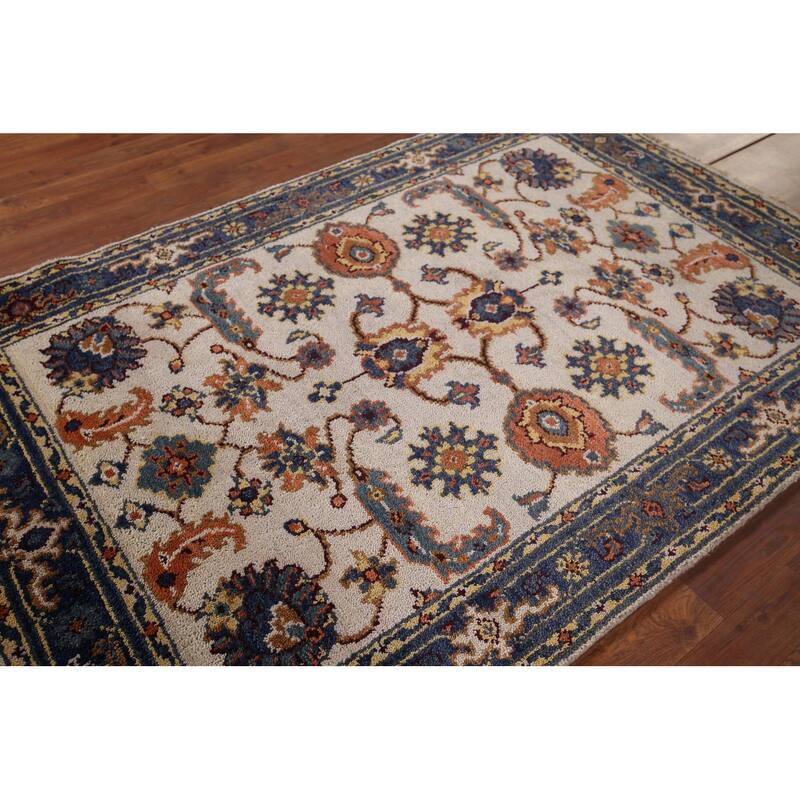 Oushak Indian Area Rug Handmade Floral Beige Wool Carpet - 4'1"x 5'11"