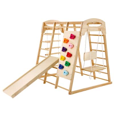 Indoor Jungle Gym with Wood & Rope Ladder, Net Ladder, Swing, Monkey Bar, Slide, Climbing Wall - 43 x 47.2 x 47in