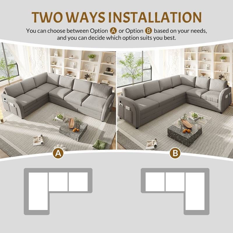 115" L-Shaped Sectional with Pull-Out Bed, USB Ports & Side Pockets, King Size Upholstered Bed