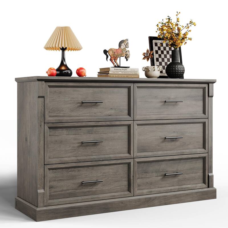 6 Drawer Dresser, Farmhouse Large Chest with Metal Handles, Rustic Wood Storage Cabinet for Bedroom