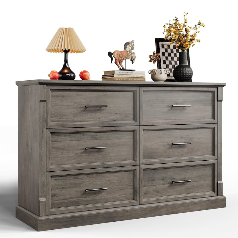 Farmhouse 6 Drawer Dresser for Bedroom, Rustic Chest of Drawers with Metal Handles, Large Double Dresser TV Stand