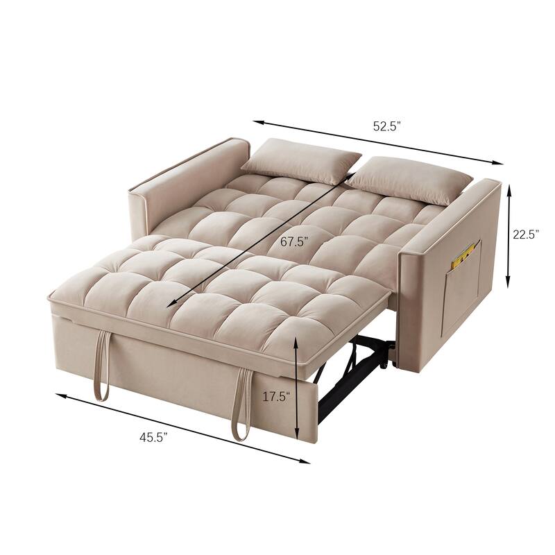 Velvet Loveseat Sofa Bed 4-in-1 with Adjustable Backrest and Storage Pockets