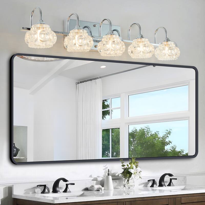 Modern Chrome Bathroom Vanity Light with Patterned Glass Shades