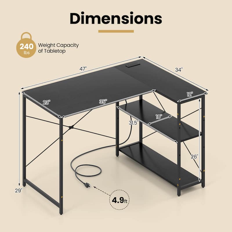 Costway L-Shaped Computer Desk with Power Outlets Adjustable shelf