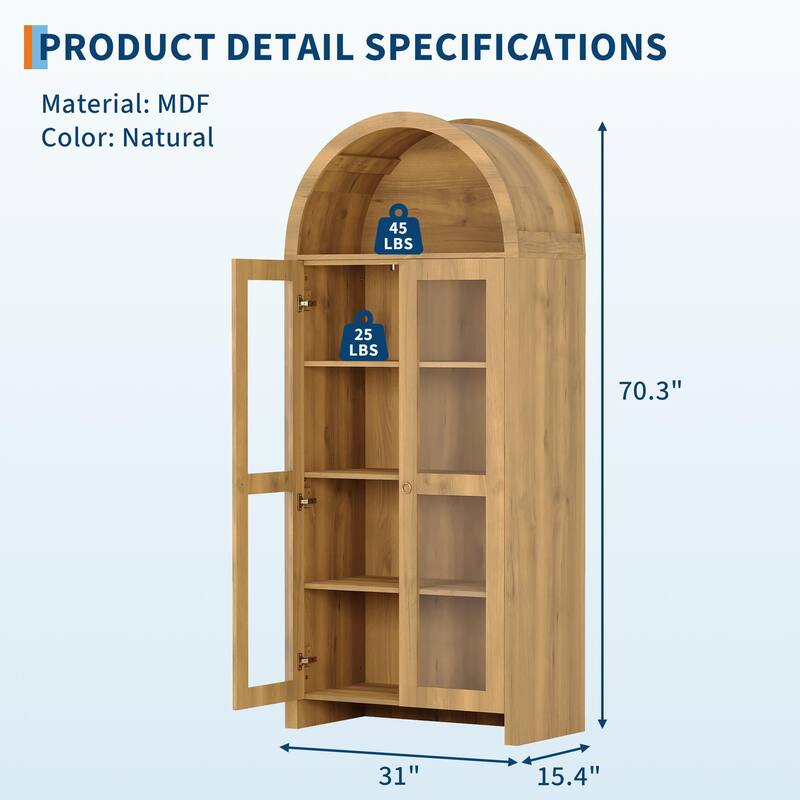Tall Wooden Arched Cabinet with Acrylic Doors, 70 Inch Pantry Cabinet with Adjustable Shelves, Modern Display Cupboard