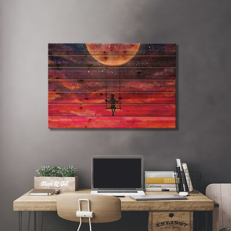 Girl Guy Rides On Swing In Sky Against Starry Sky. Print On Wood by Valery Rybakow - Multi-Color