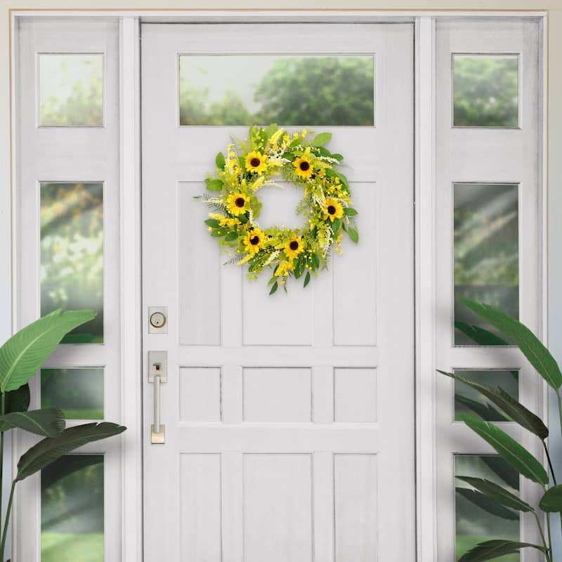 Puleo International 30" Artificial Sunflower Floral Spring Door Wreath, Green/Yellow