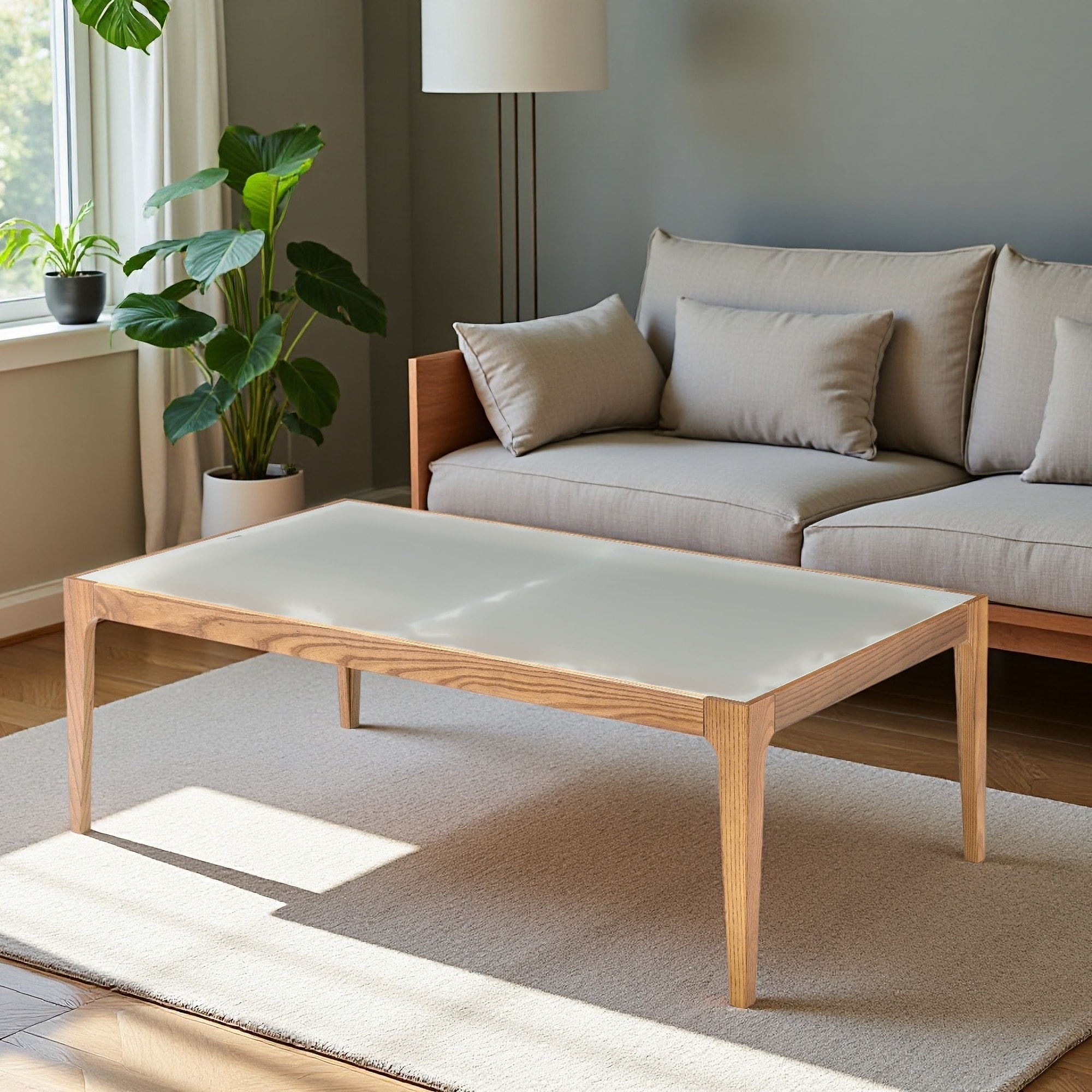43"L Frosted Tempered Glass Top Natural Wood Tapered Legs Modern Coffee Table for Living Room