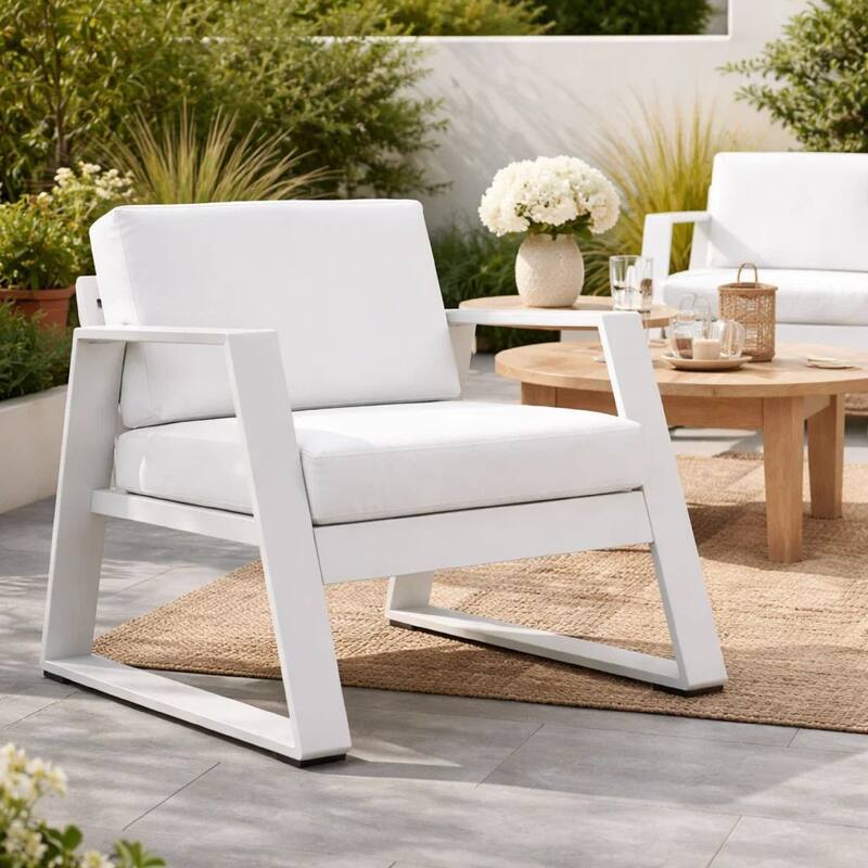 Xia 32 Inch Armchair, White Aluminum Frame, Fade Resistant Fabric Cushions