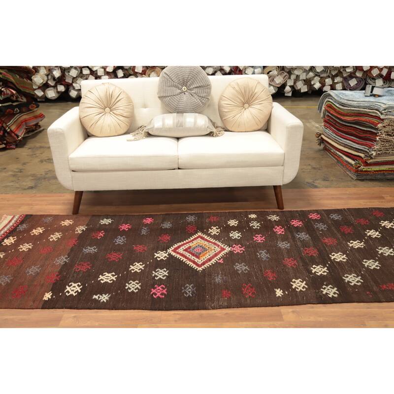 Hand Woven Oriental 100% Wool Carpet Southwestern Tribal Brown Kilim Runner Rug - 9' 3'' X 3' 6''