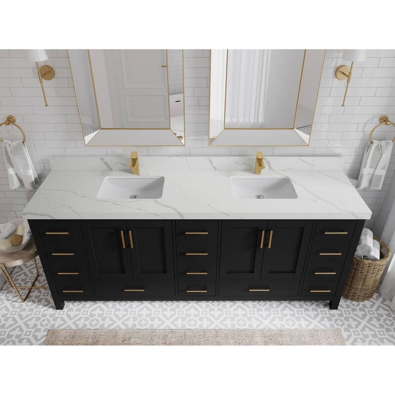 Willow Collection 84 in. W x 22 in. D Malibu Double Sink Bathroom Vanity with Countertop - 2" Calacatta Laza - Black