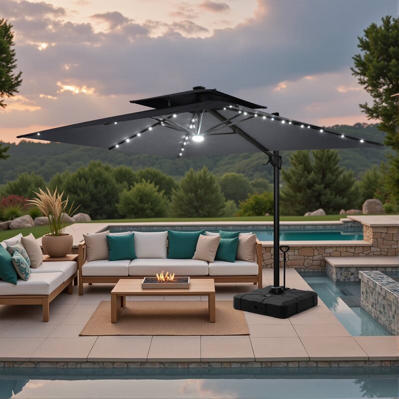 9 FT x 11 FT Outdoor LED Lighted Double Top Patio Cantilever Umbrella with Base