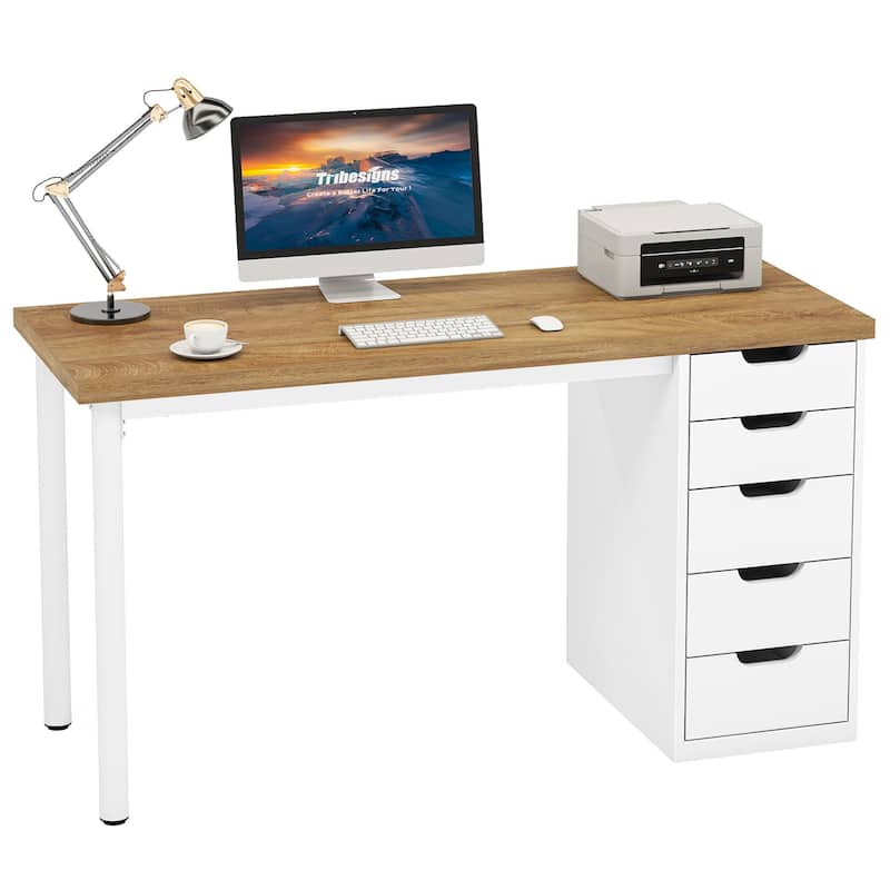 47-inch Computer Desk with 5-drawer, Wood and Metal Writing Desk for Study Living Room