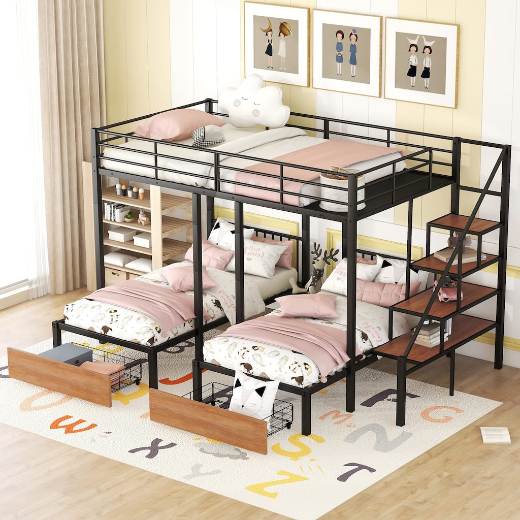 Full Over Twin-Twin Triple Bunk Bed with Drawers and Staircase, Black