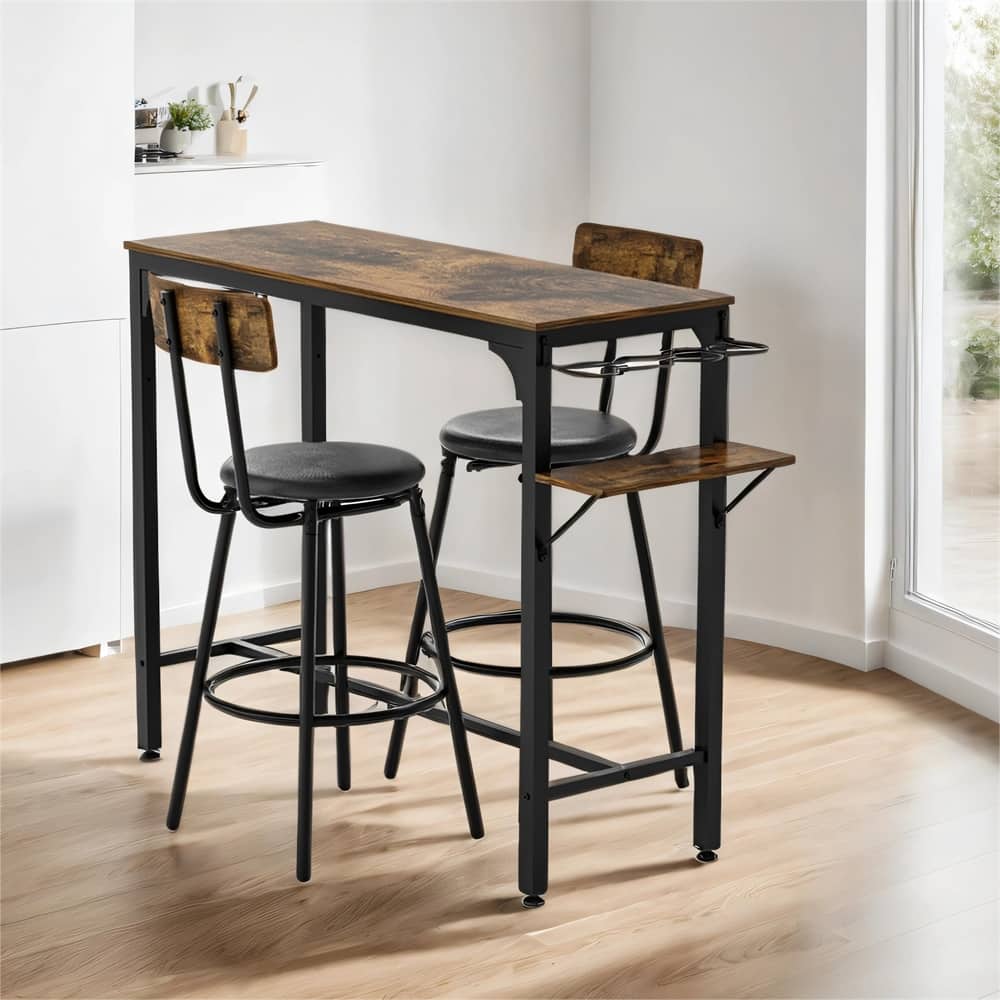 3 Pieces Industrial Dining Set with Wood Top and Wine Bottle Holder