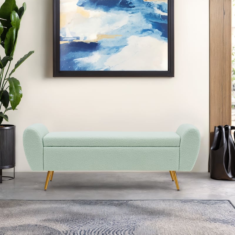 Upholstered 56"W Flip Top Storage Bench with arms - Teddy - Green