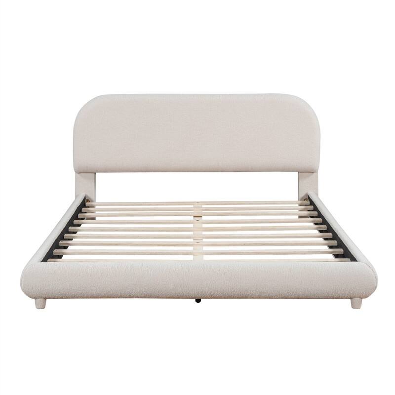 Teddy Fleece Upholstered Bed Frame with Curved Shaped Headboard, Full/Queen Size Platform Bed with Wood Slats Support