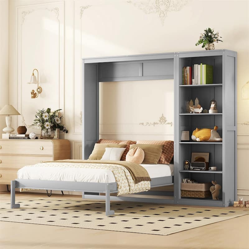 Merax Murphy Bed Wall Bed with Shelves - Grey - Queen