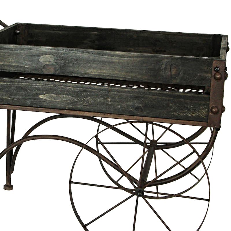 Zeckos 24 Inch Black Wood & Metal Wagon Cart Style Plant Stand - 20 X 24 X 13 inches