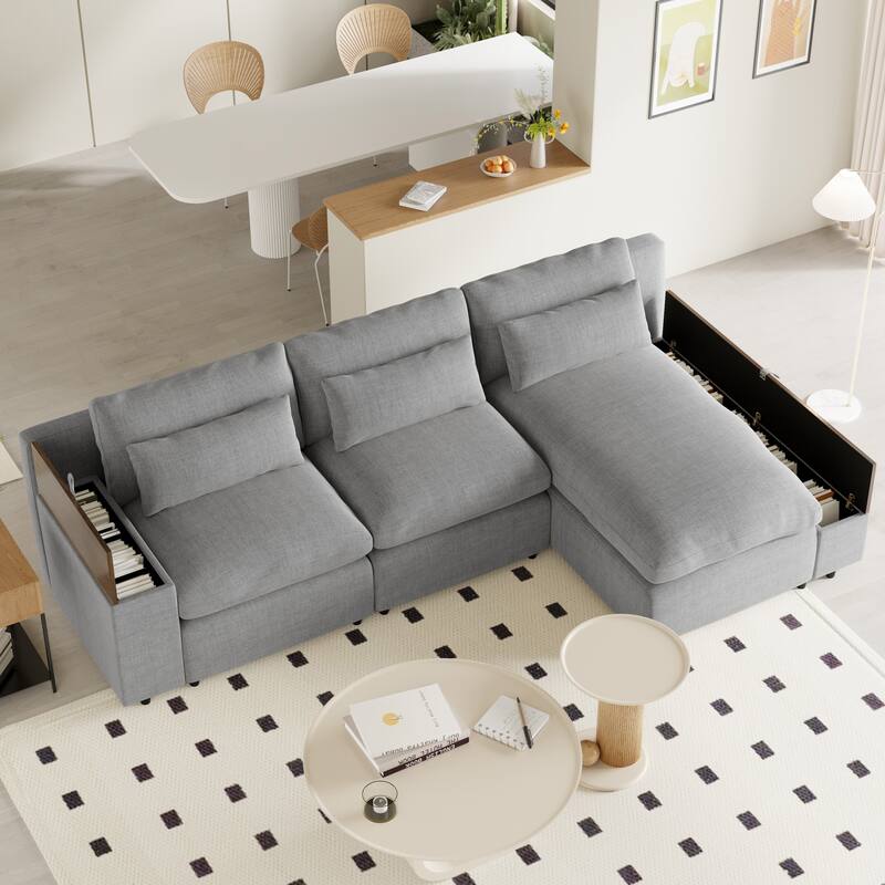 109.8'' L-Shaped 3 Seater Modular Sectional Sofa with 3-Pillow, Removable Back Cushions and 2 Storage Compartments
