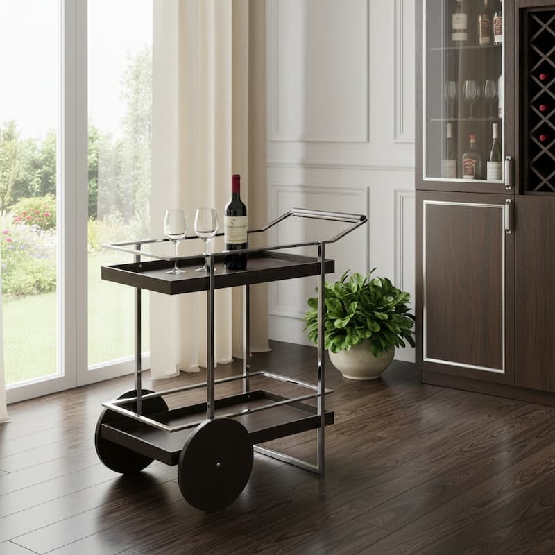 HomeRoots 34" Brown And Silver Iron and Wood Rolling Bar Cart - 34.25 in. x 35.00 in. x 19.50 in. - Brown/Silver - Iron