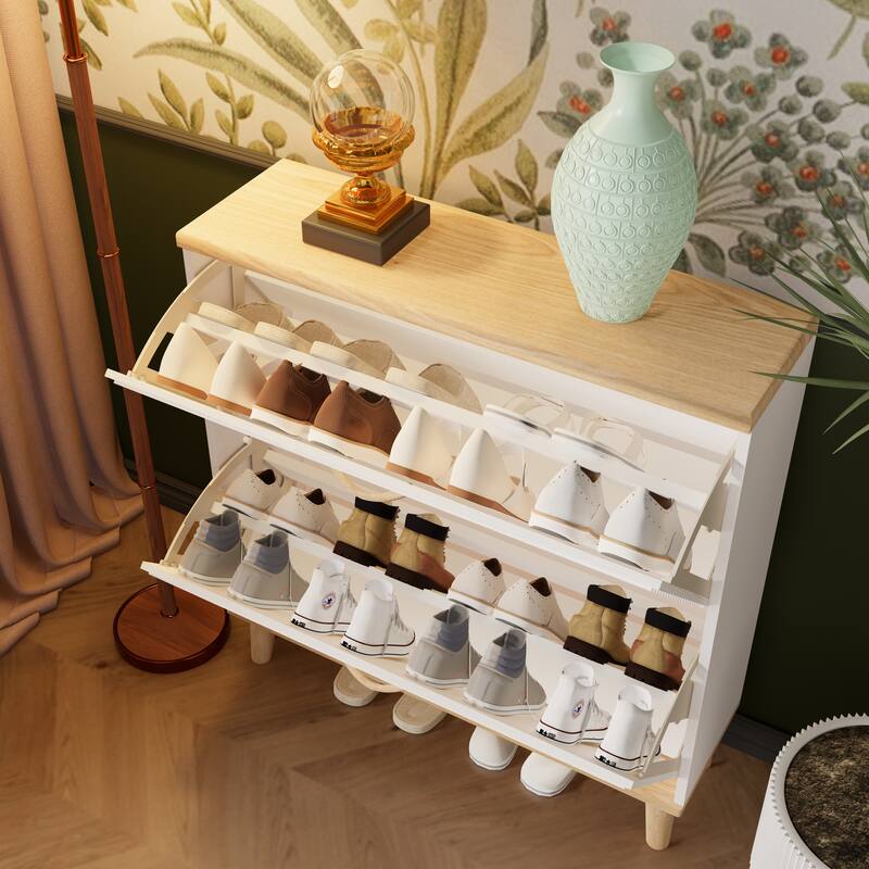 Shoe Storage Cabinet with 2 Flip Drawers, Hidden Shoe Storage, Freestanding Narrow Slim Shoe Organizer