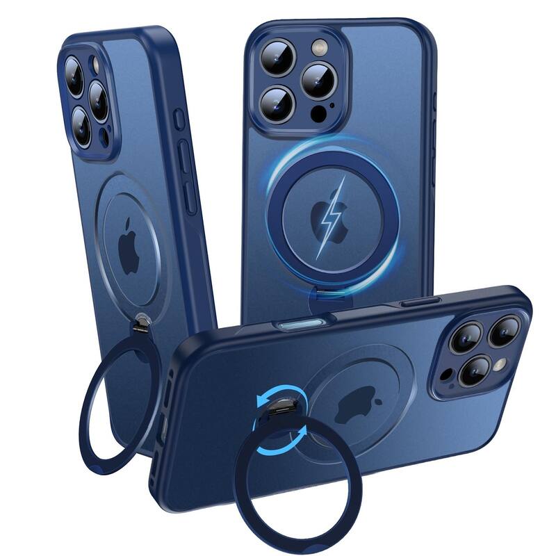 iPhone 16 Pro 360° Adjustable Stand Compatible with MagSafe, Translucent Cover with Magnetic Ring Case Non-Slip and Shockproof - Blue