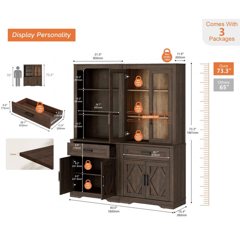 5 Tier Bookcase with Barn Door,73.3" Tall Open Storage Bookshelf