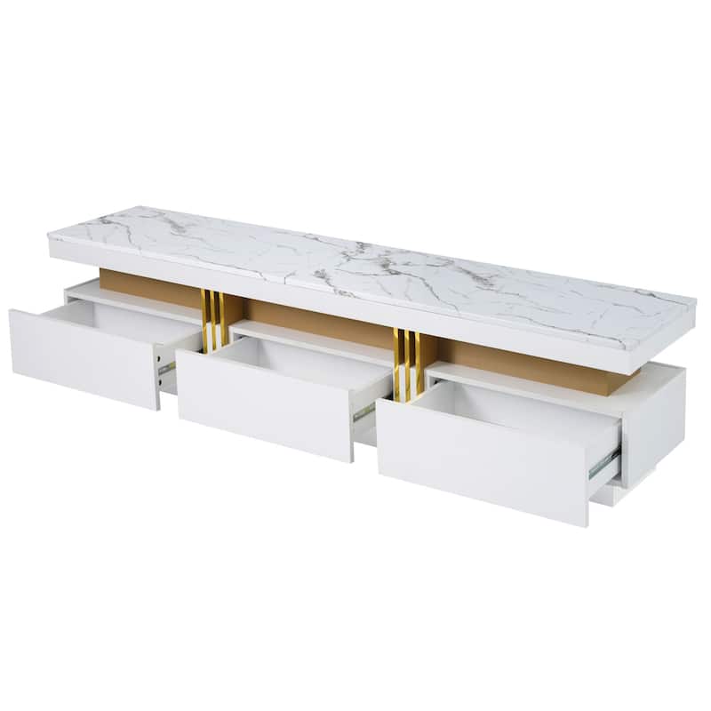 Luxury TV Stand with High Gloss Faux Marble Top for TVs Up to 78'', Rectangle Media Console with Golden Panel.