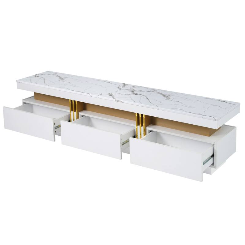 TV Stand with Faux Marble Tabletop, Rectangle Entertainment Center, Media Console Table with 3 Drawers & Golden Panel Design