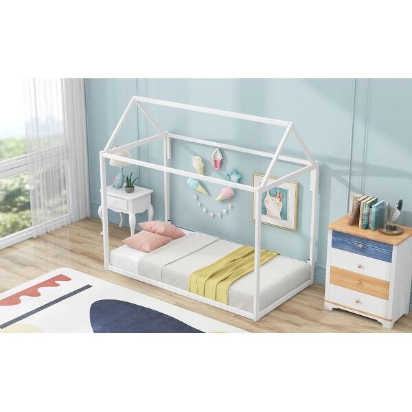 slide 2 of 27, Metal Twin House-Shaped Platform Bed with Strong Frame for Kids White - Twin
