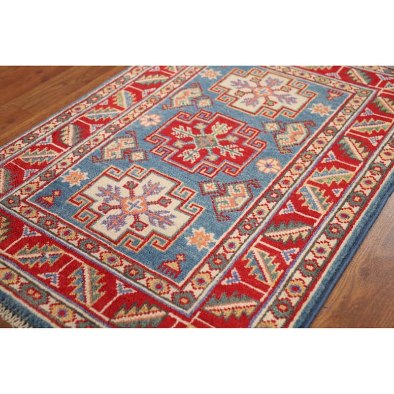 Blue Geometric Kazak Oriental Rug Handmade Wool Carpet - 2'0"x 3'0"