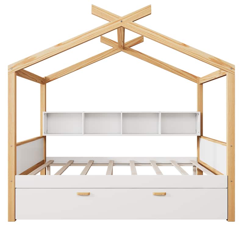 Wooden House Bed with Two Drawers