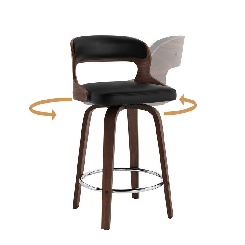26.in Modern Set of 3 Leather Bar Stool Swivel Upholstered Hollow Back Counter Height Barstool with Wood Frame
