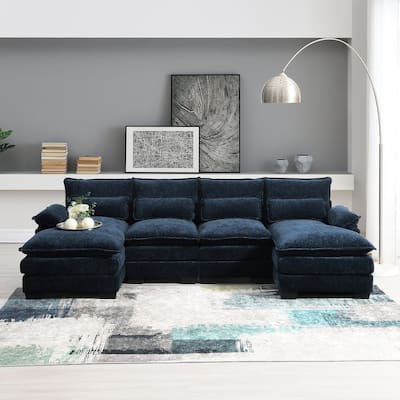 Modern U-shaped Sectional Sofa with Waist Pillows 6-seat Upholstered Symmetrical Sofa Furniture